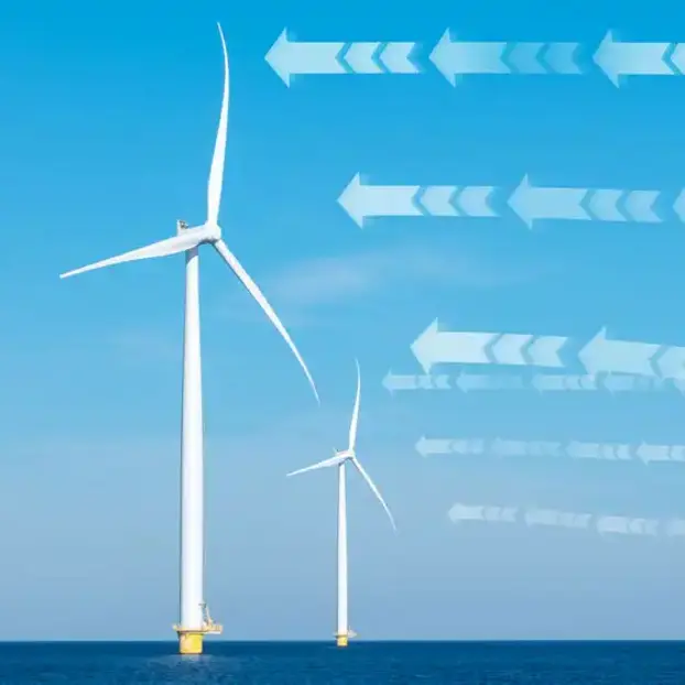 Offshore wind turbines with airflow arrows showing wake effects and wake steering to boost wind farm energy yield