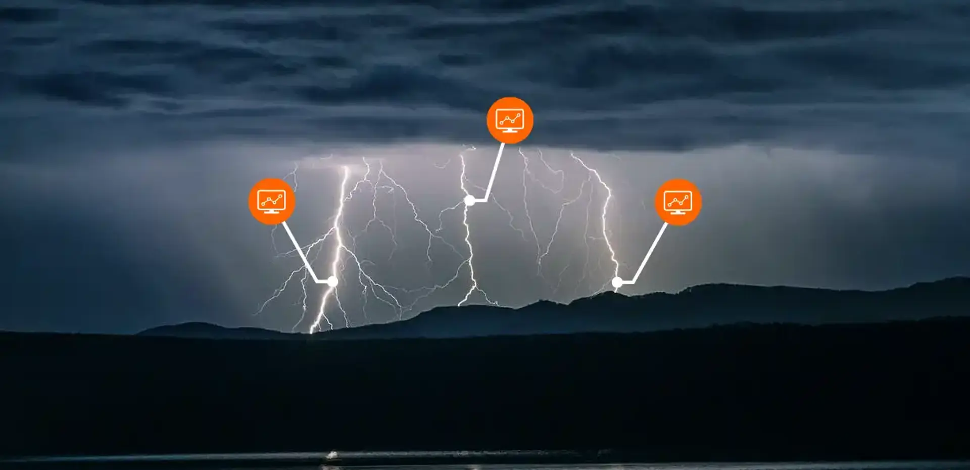 Nighttime thunderstorm with multiple cloud‑to‑ground lightning strikes over mountains and a lake, with overlay markers highlighting strike points: lightning detection, strike mapping, and real‑time storm monitoring.